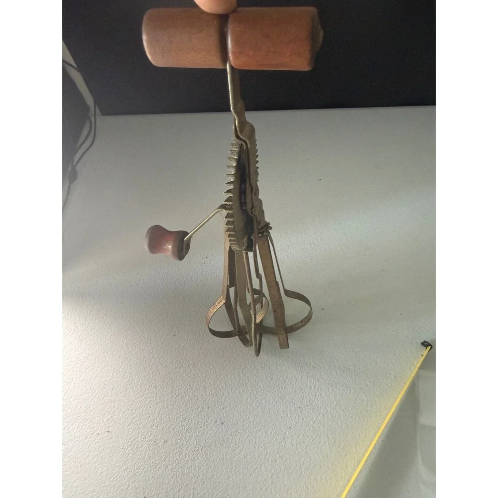 Vintage Hand Crank Egg Beater Manual Rotary Whisk Wood Handle Metal Kitchen Tool